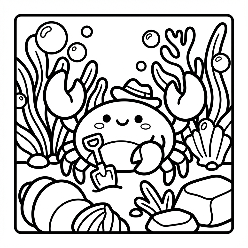 Smiling crab with a shovel, a beginner coloring pages design with heavy outline coloring.
